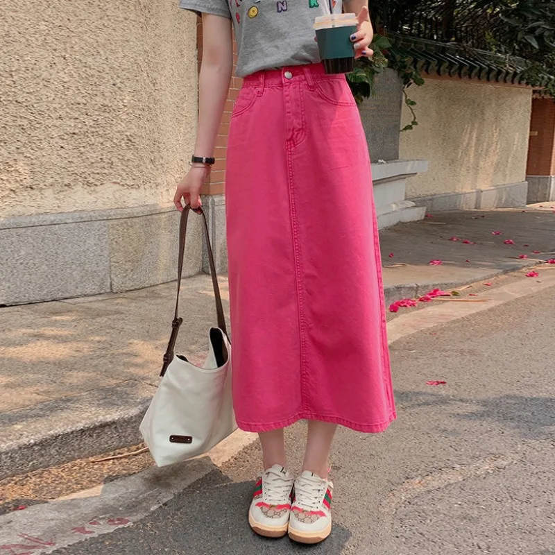 

Rosy Back-slit Skirts Women Retro Holiday Classix Sweet Style Denim Faldas Pockets Fashion Mid-calf Harajuku A-line Casual Solid