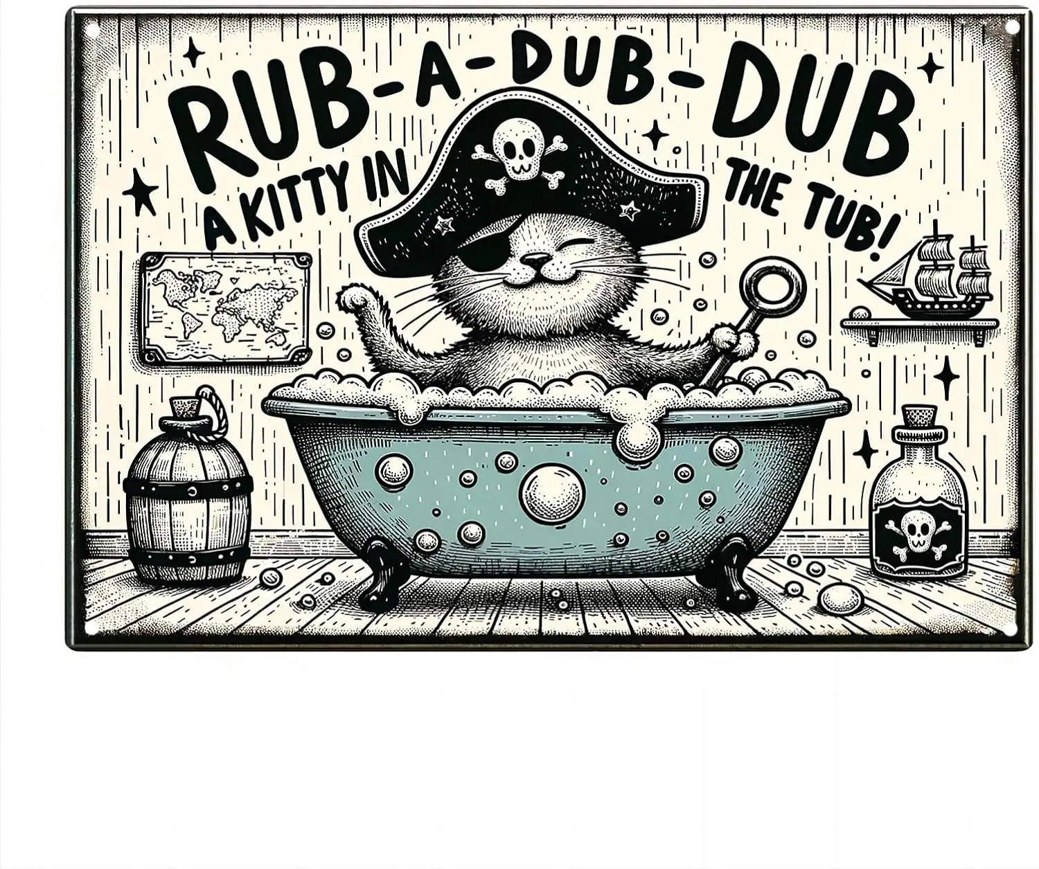 Funny Bathroom Metal Poster 'RUB A DUB DUB, A Kitty in The Tub' Wall Art Aluminum Tin Sign for Bathroom, Toilet Decor, K sign