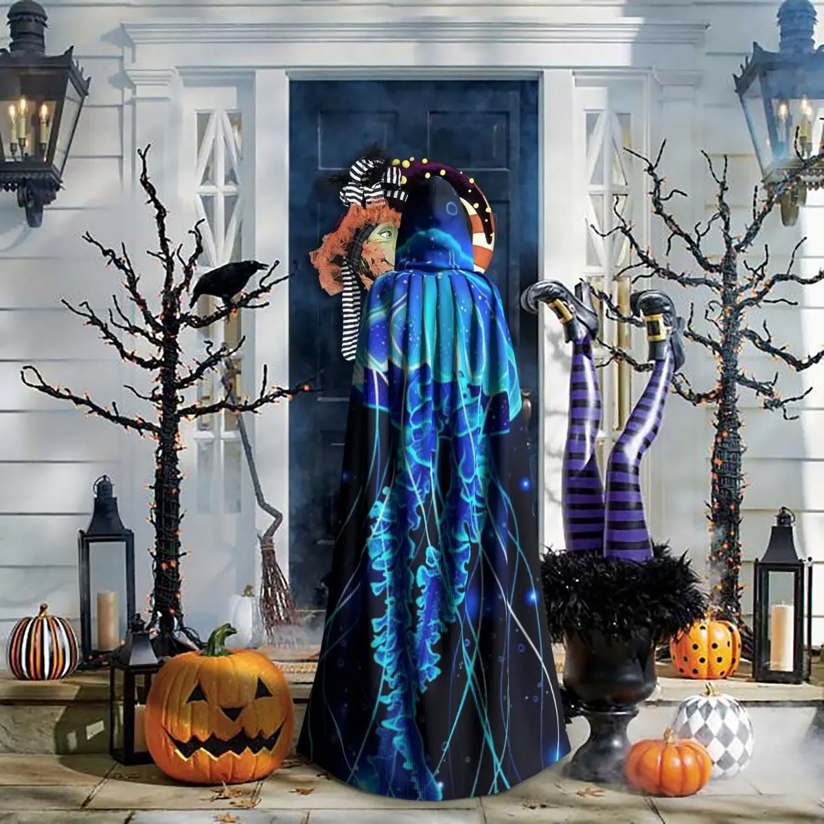 ماجيك متوهجة قنديل البحر تحت الماء طويل مقنع عباءة ساحرة القرون الوسطى زي تأثيري كيب هالوين مصاص دماء الكبار للجنسين