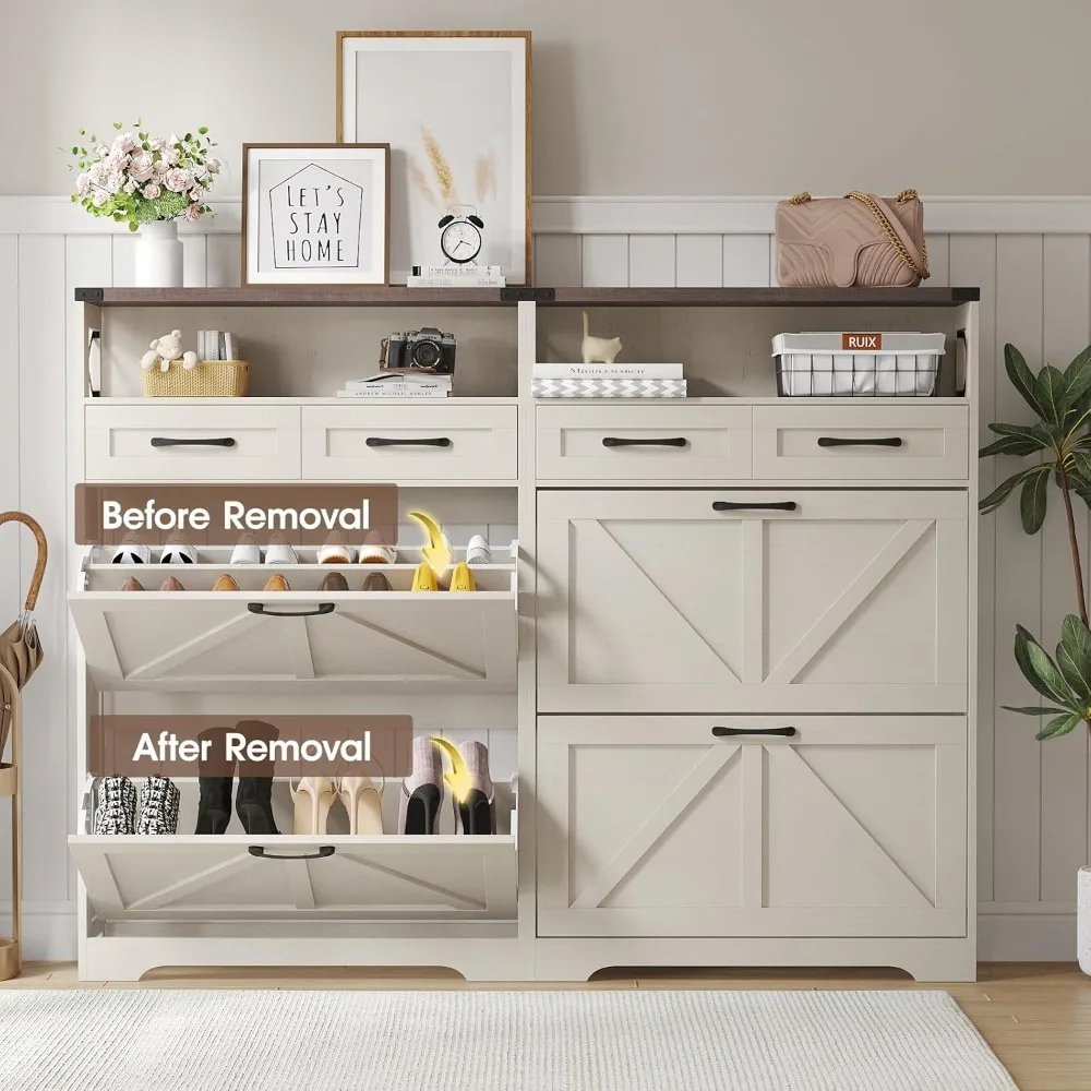 Шкаф для обуви с 2 откидными ящиками и 2 ящиками, тонкий узкий шкаф для хранения обуви в деревенском доме для прихожей, отдельно стоящая обувь