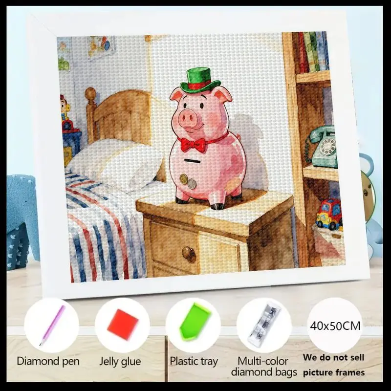 

1 шт. 5D DIY Алмазная картина Полный комплект сверл, милая мультяшная копилка с зеленой шляпой и красным галстуком-бабочкой, животное искусство, большой драгоценный камень, кристалл, диаметр