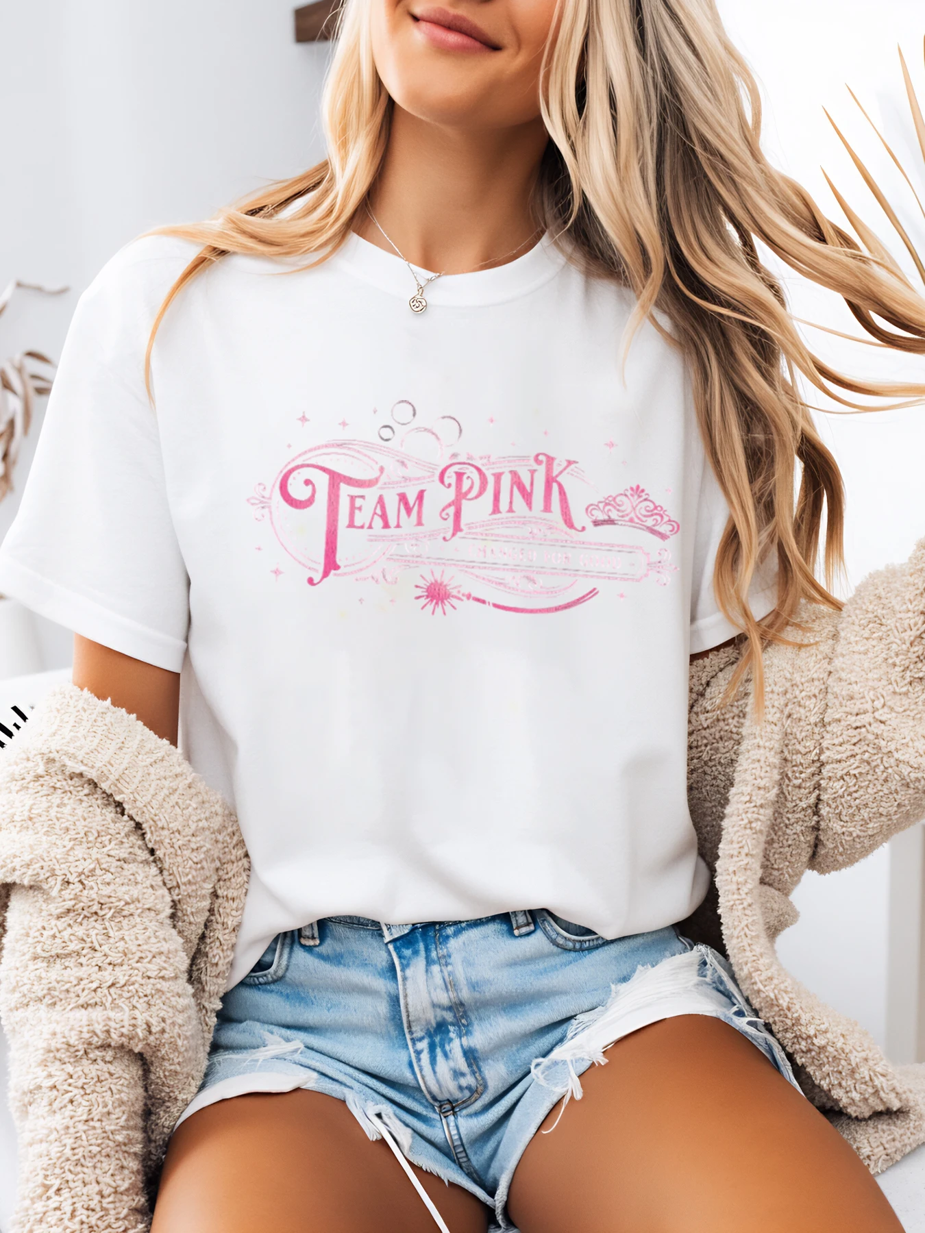 Camiseta con estampado Team Pink para mujer, ropa informal, traje de verano, blanco, talla grande