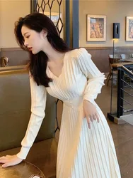 Jmprs Elegant Knitted Long Dress Women Fashion Slim Sweet Long Sleeve Dress Korean V Neck Simple Solid Casual Lady A Line Dress