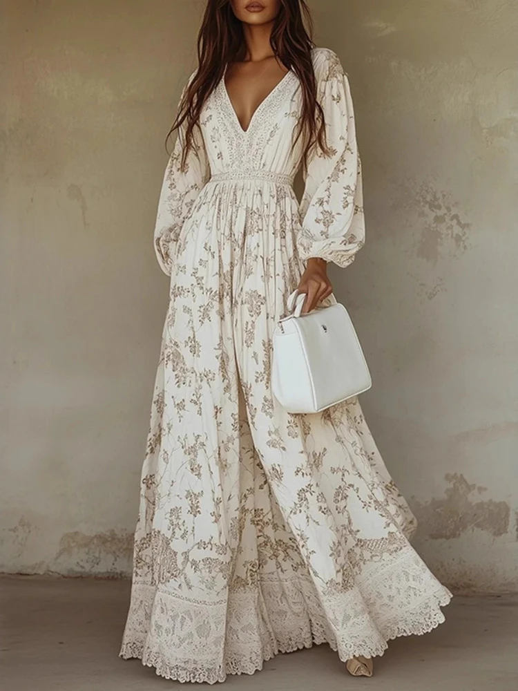 Elegantes Laternenärmel-Maxikleid mit großem Saum, temperamentvolles Abendkleid mit Spitzeneinsatz, 2026 Neu, V-Ausschnitt, bedrucktes Kleid im Bohème-Stil