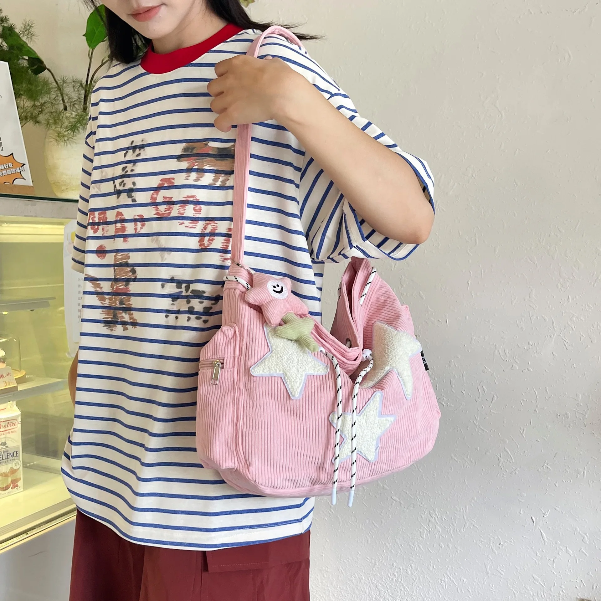 Y2K Corduroy Star Tote Bag, Cute Casual Crossbody Shoulder Bag with Plush Star Decor, Large Capacity Messenger Bag for Daily Use view 2