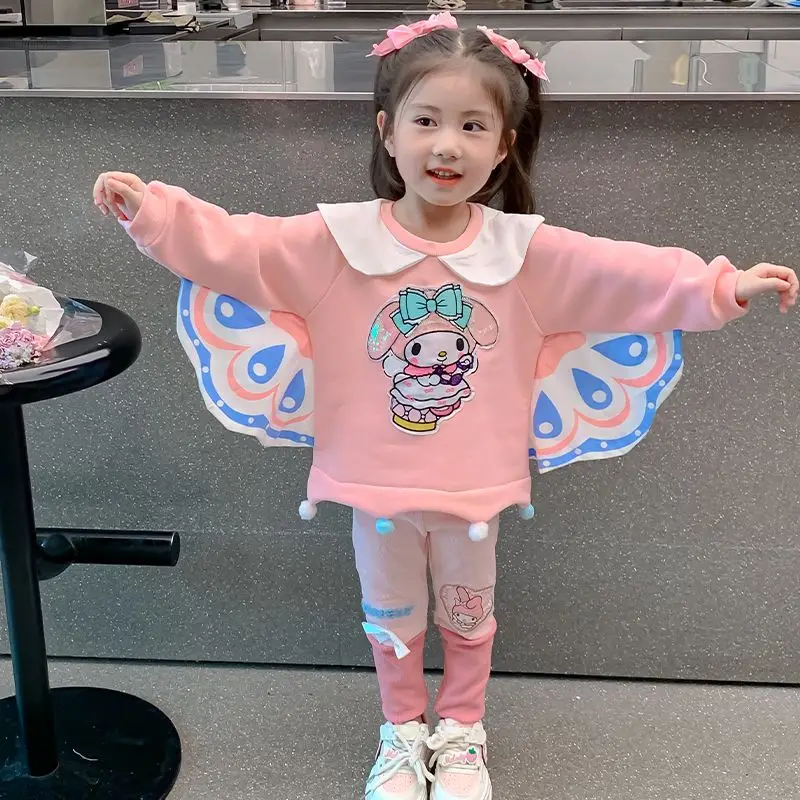 Girls Cinnamoroll Sweatshirt Suit Cartoon Sanrioed Melody Kuromi Kids Wing Tops Cute Leggings Spring Autumn Fashion Kids Clothes