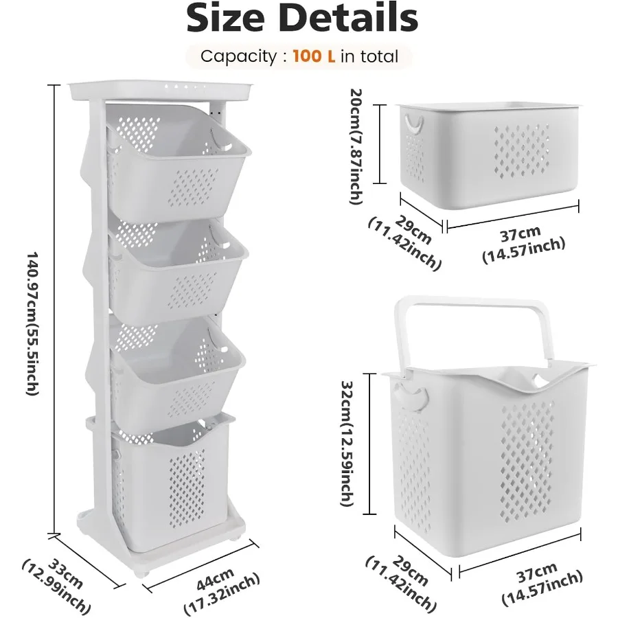 فارز سلة الغسيل من 4 طبقات بعجلات وسلال قابلة للإزالة لتخزين الملابس القذرة الفعالة في الحمام أو غرفة النوم