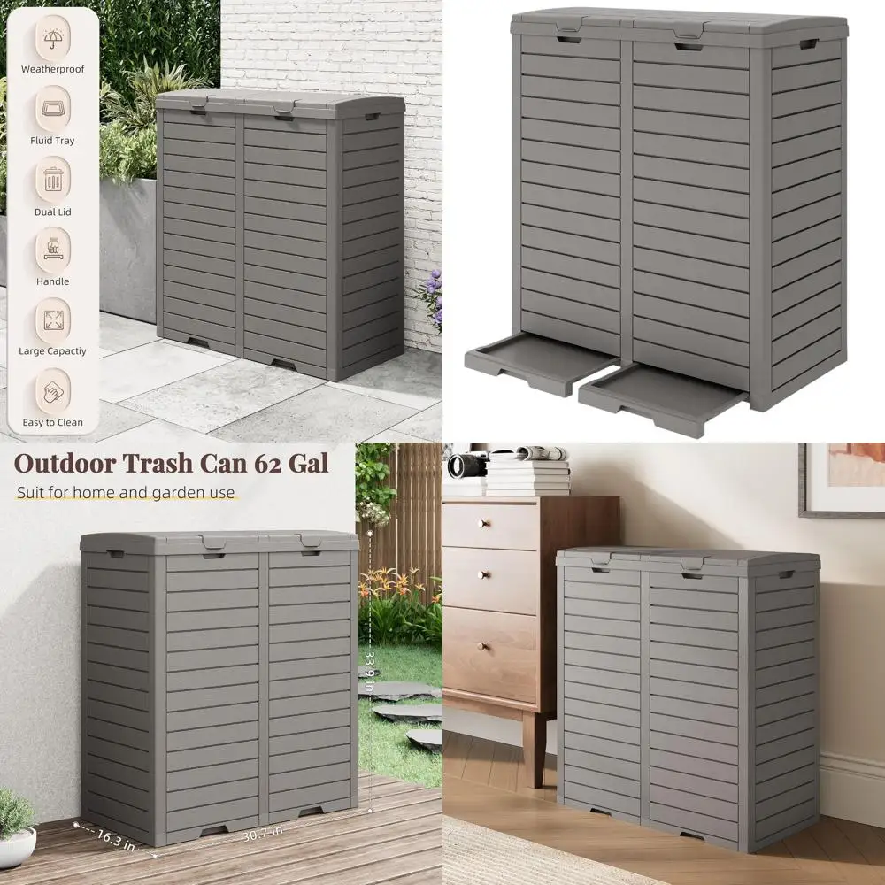 

Gray 62 Gallon Large Outdoor Resin Trash Can with Lid and Drip Tray for Patio, Deck, and Garden Use