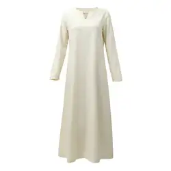 DAZCOS Medieval Women Linen Underdress Viking Slit Neckline Underwear Renaissance Long Sleeve Undergarment Dress for LARP