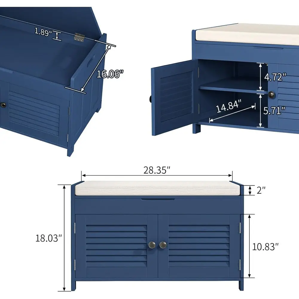 ชั้นวางรองเท้า 2 ชั้นสีน้ำเงิน พร้อมที่นั่งบุนวมและช่องเก็บของแบบยกได้ สำหรับทางเข้า ห้องนอน ห้องโถง และห้องเก็บของ
