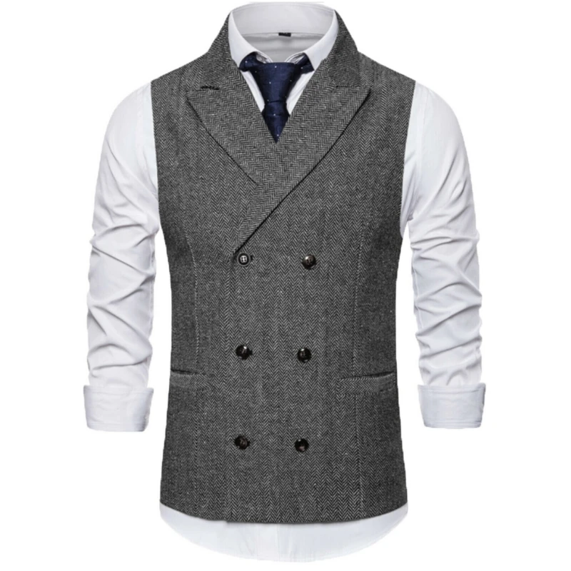 

Herringbone Dark Gray Men Vest Double Breasted Buckle Solid Business Casual Waistcoat Regular Slim Banquet Suit Vest