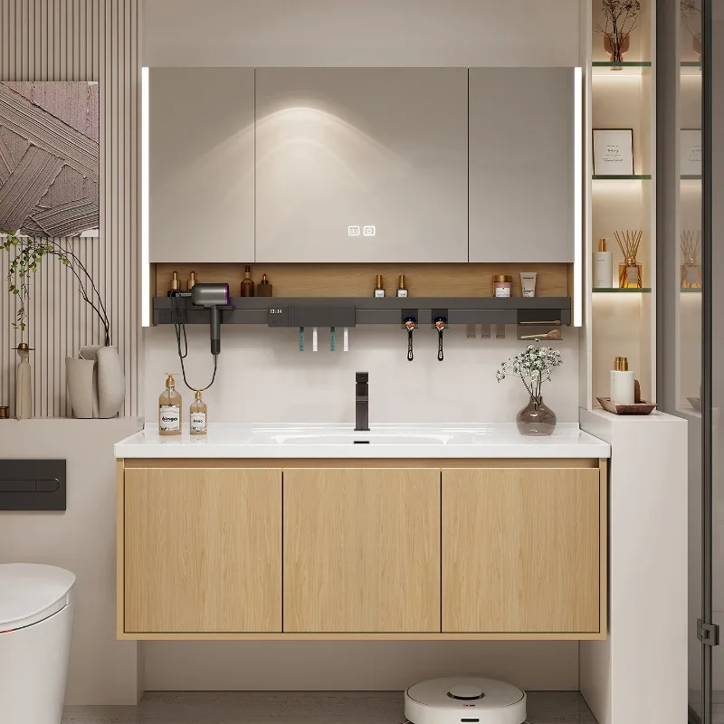 Log color bathroom cabinet combination ceramic integrated solid wood bathroom washstand hand and face combination