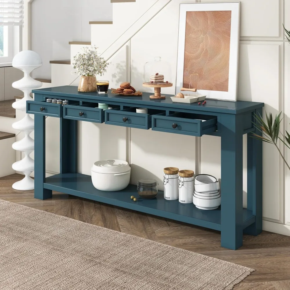 

Vintage Sofa Console Table for with Drawers,Solid Wood Frame w/Storage Shelf for Hallway Farmhouse Living Room,63 inch,Dark Blue