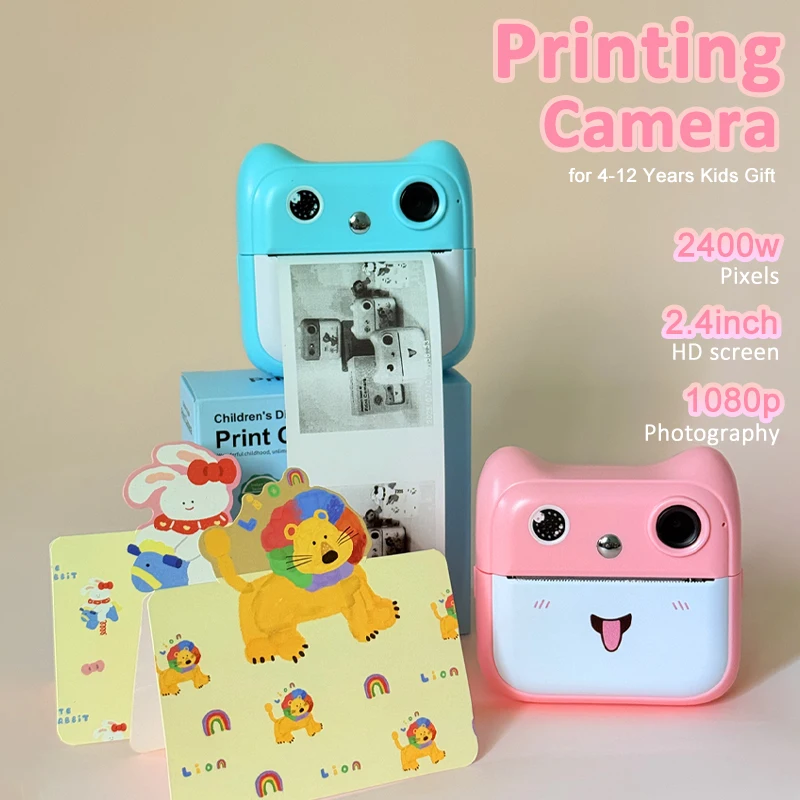 Kids Photo Camera Printer with Game HD Video Recorder Pink Blue Dinosaur Unicorn Instant Photo Camera for Son Daughter Gift