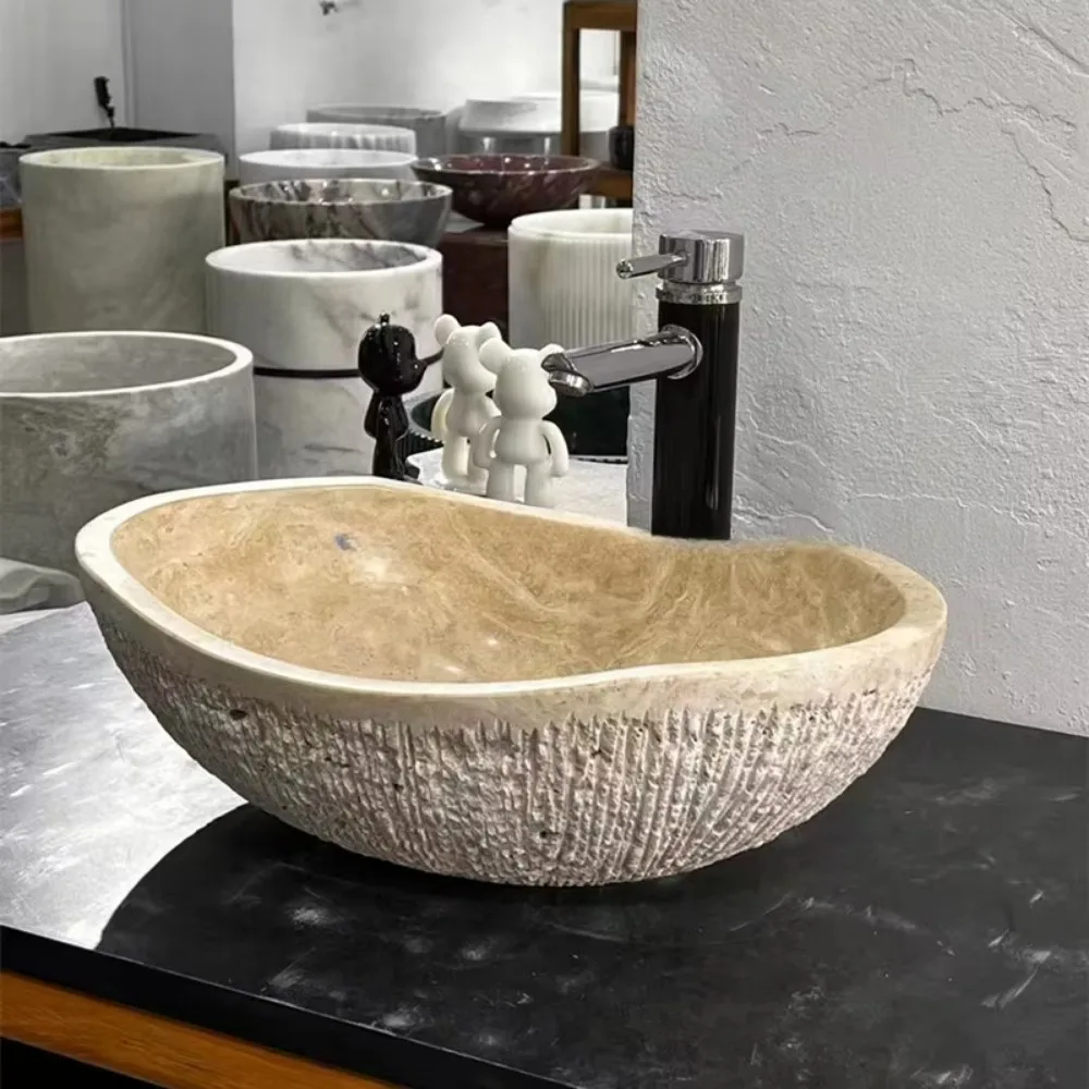 Beige Travertine Marble Round Wash Basin for Home and Hotel Decor