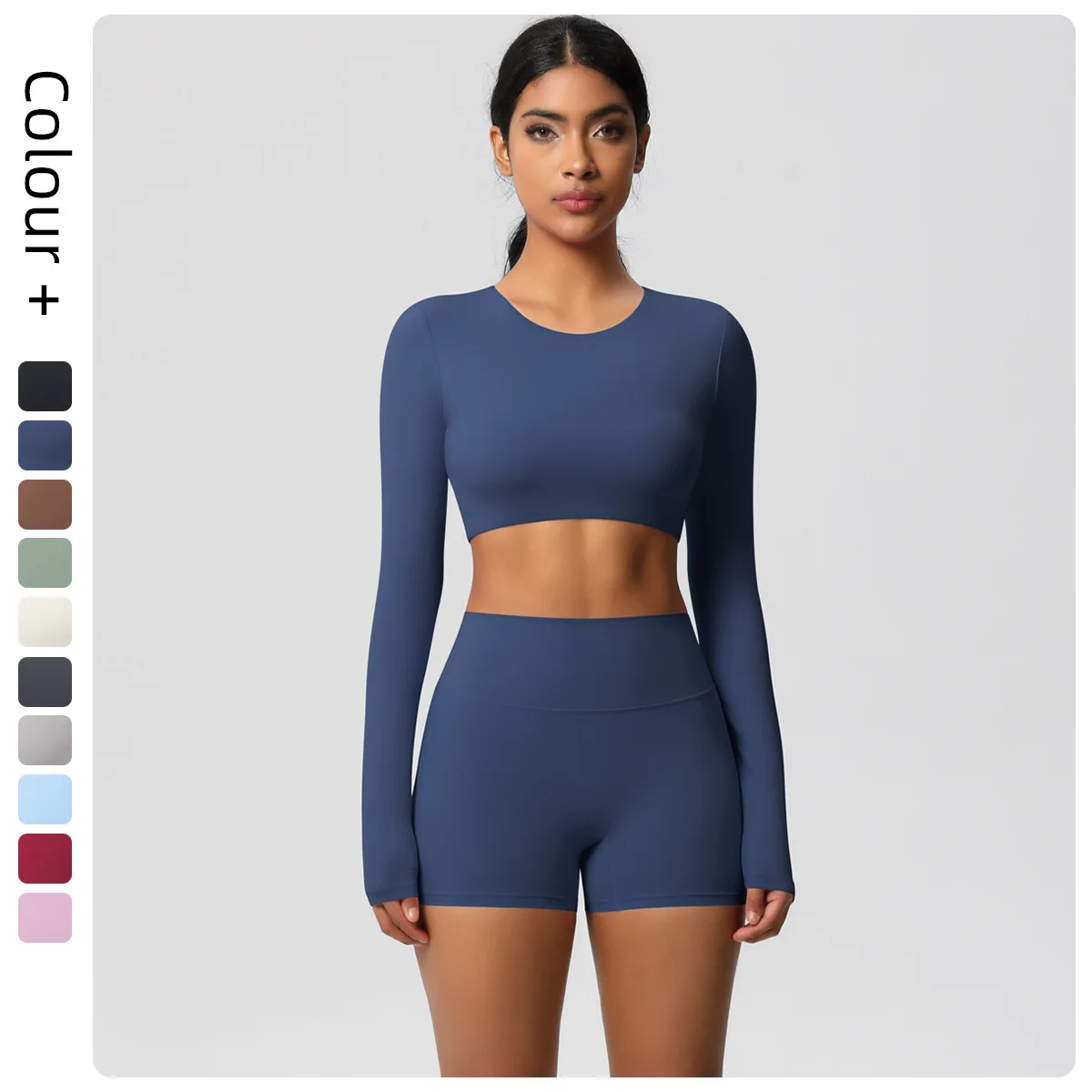 Hamidou 2-teiliges, schnell trocknendes Gym-Yoga-Set für Damen, Sommer, Outdoor, Laufen, schlankes Workout-Oberteil, lange Ärmel, Hüft-Push-Up-Yoga-Shorts