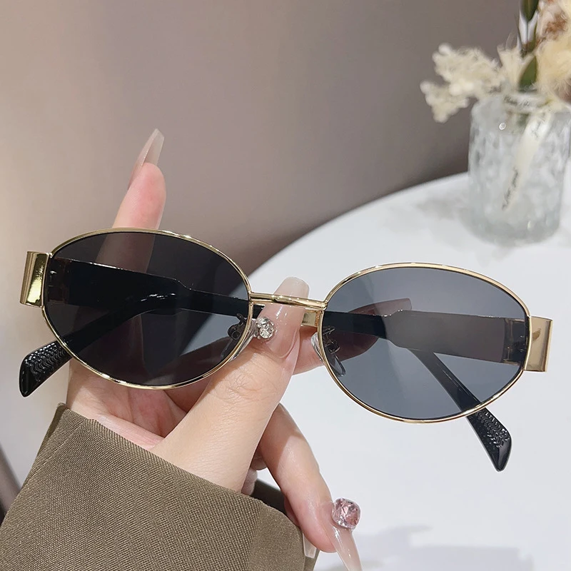 Trendy Oval Sunglasses for Women 2024 Luxury Brand Designer Metal Frame Sun Glasses Ladies Classic Vintage Round Shades Unisex