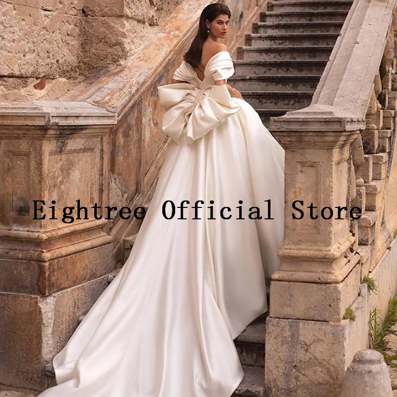 Eightre White Princess Wedding Dresses Off Shoulder Satin Bride Dress With Bow Bobo Beach A-Line Wedding Evening Gowns Plus Size