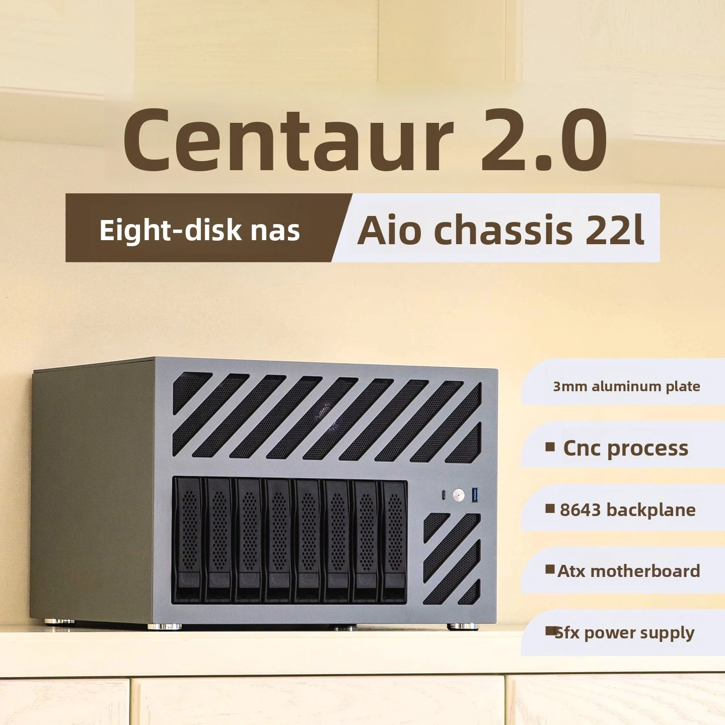 Centaur NAS Chassis with 8 Hard Drive Bays, 3mm Aluminum Plate, ATX Motherboard, Feiniu Black Synology Home Storage Server