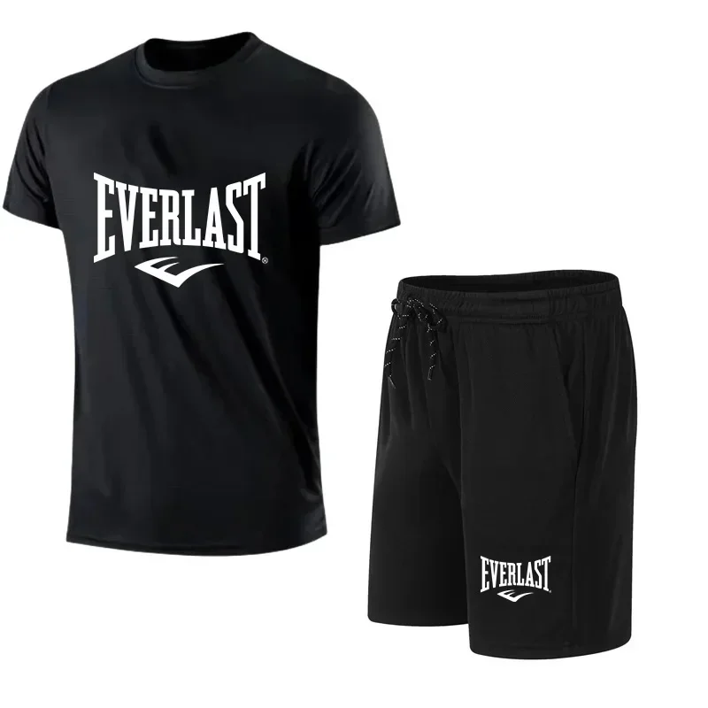EVERLAST Conjunto de camiseta + shorts masculinos, 2 peças, lazer, respiração, manga curta, esporte, corrida, academia, roupas estampadas de marca