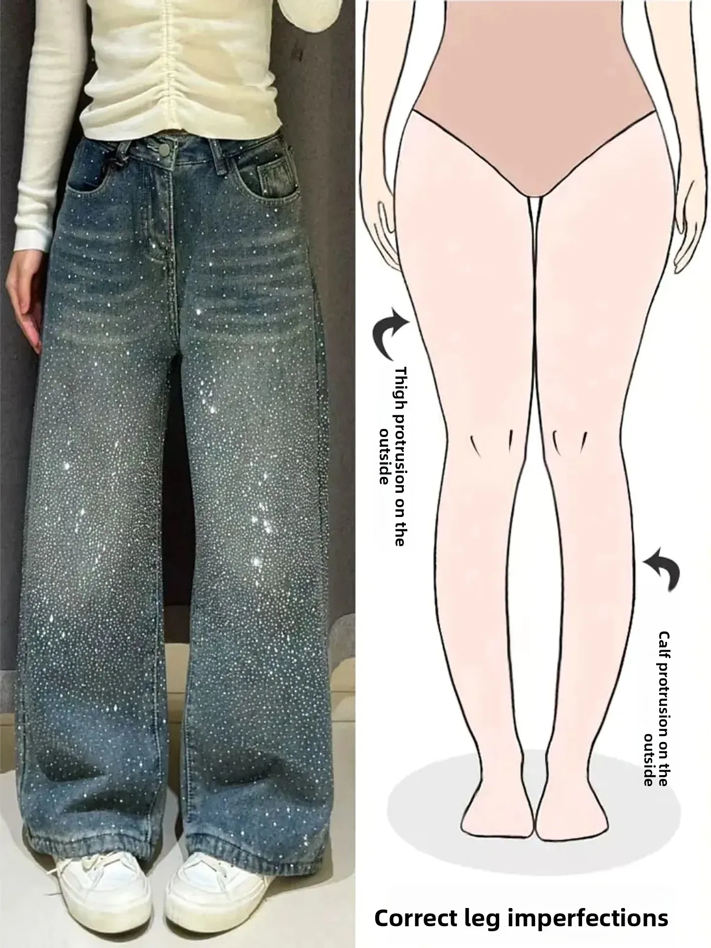 

Retro American Diamond Embellished Wide Leg Jeans Women's Autumn Winter New High Street Fashion Pear Shaped Body Fit Jeans