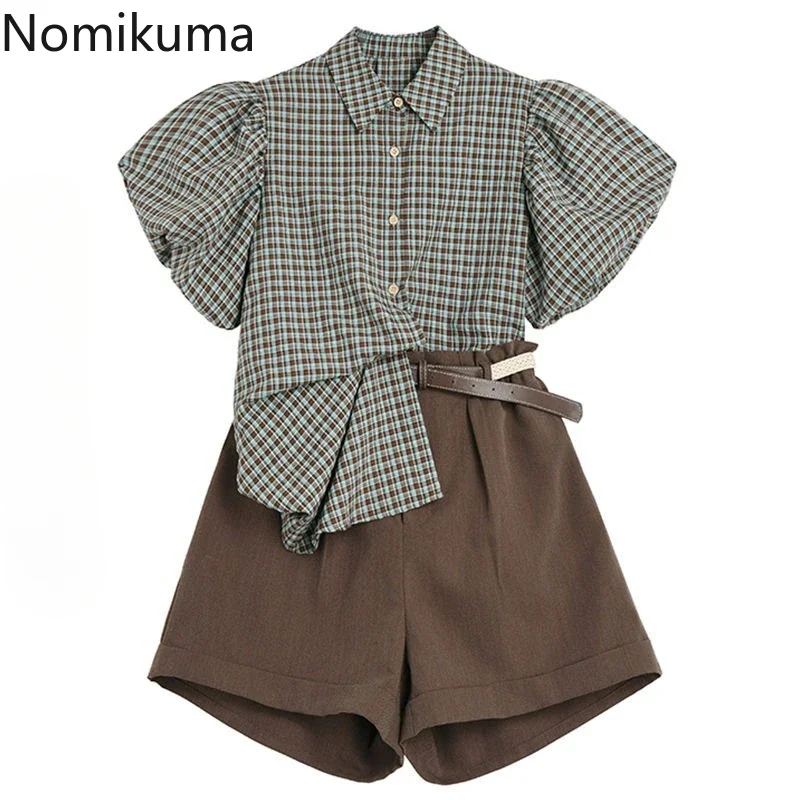 

Chic Vintage 2 Piece Sets Womens Outfits Roupas Femme Summer Clothing Puff Sleeve Plaid Blouse High Waist Wide Leg Shorts Suit