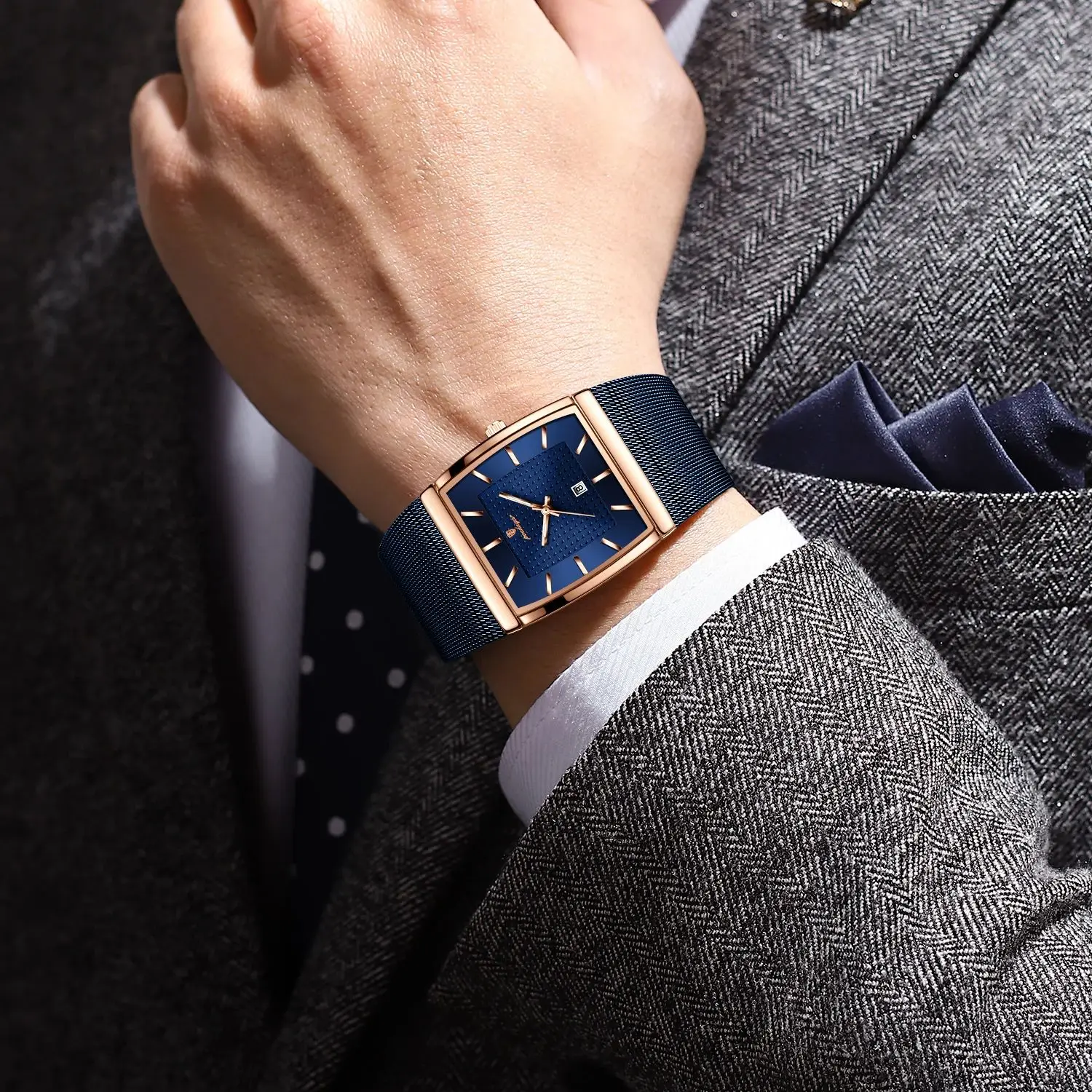 POEDAGAR أفضل ساعة رجالية أصلية مقاومة للماء مضيئة تاريخ مستطيل رجل ساعة اليد شبكة الفولاذ المقاوم للصدأ ساعات كوارتز رجالية ذكر