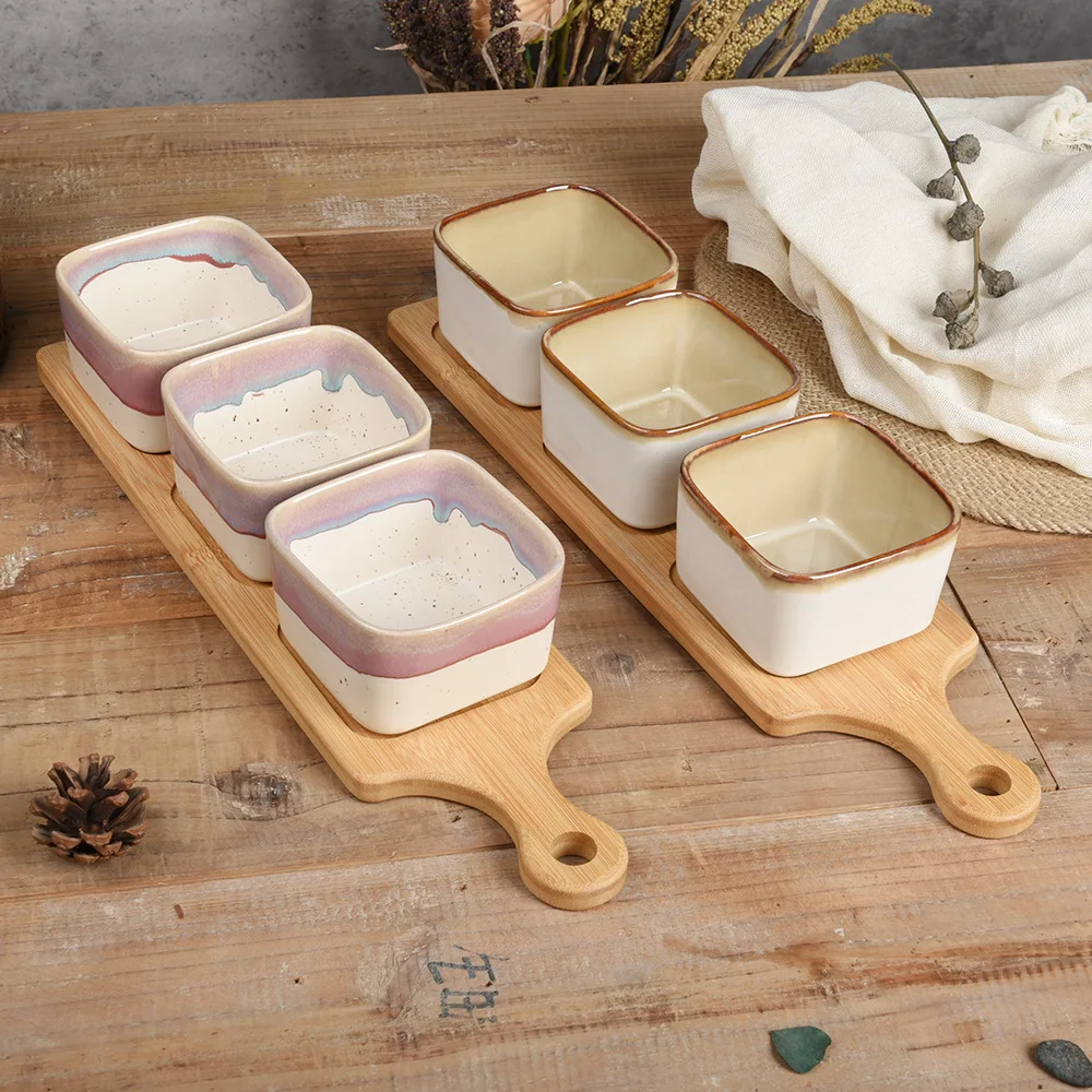 

Ceramic Snack Plate Home Use High End Hotel Restaurant Commercial Dish with Bamboo Wood Sauce Dish