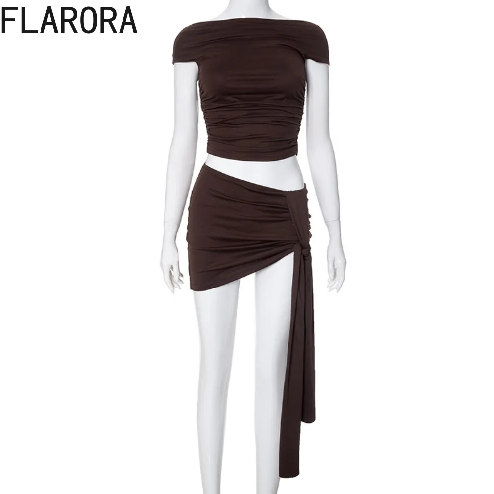 FLARORA Elegant Solid Mini Skirts Two Piece Sets Sexy Woman Off Shoulder Short Sleeve Ruched Crop Tops And Lace Up Skirt Outfits