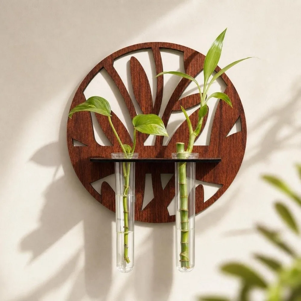 Wooden Hydroponic Planter Shelf Home Ornaments Retro Wall Decoration Hollow Out Leaf Shape Flower Pot Indoor Use