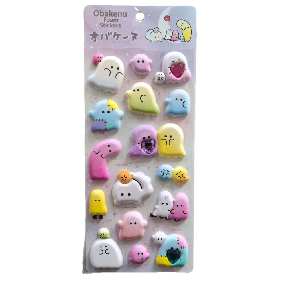 4 Sheets/Pack 3D Adorable Plushy Bubble EVA Stickers with Diamonds, Ghost Animal Reusable Adhesive Stickers for DIY Craft