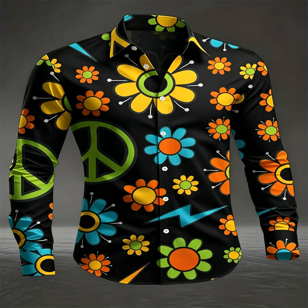 Men Hippie Floral Peace Sign Print Shirts Long Sleeve Button‑Up Retro Costume Casual Holiday Party Streetwear Men Clothing