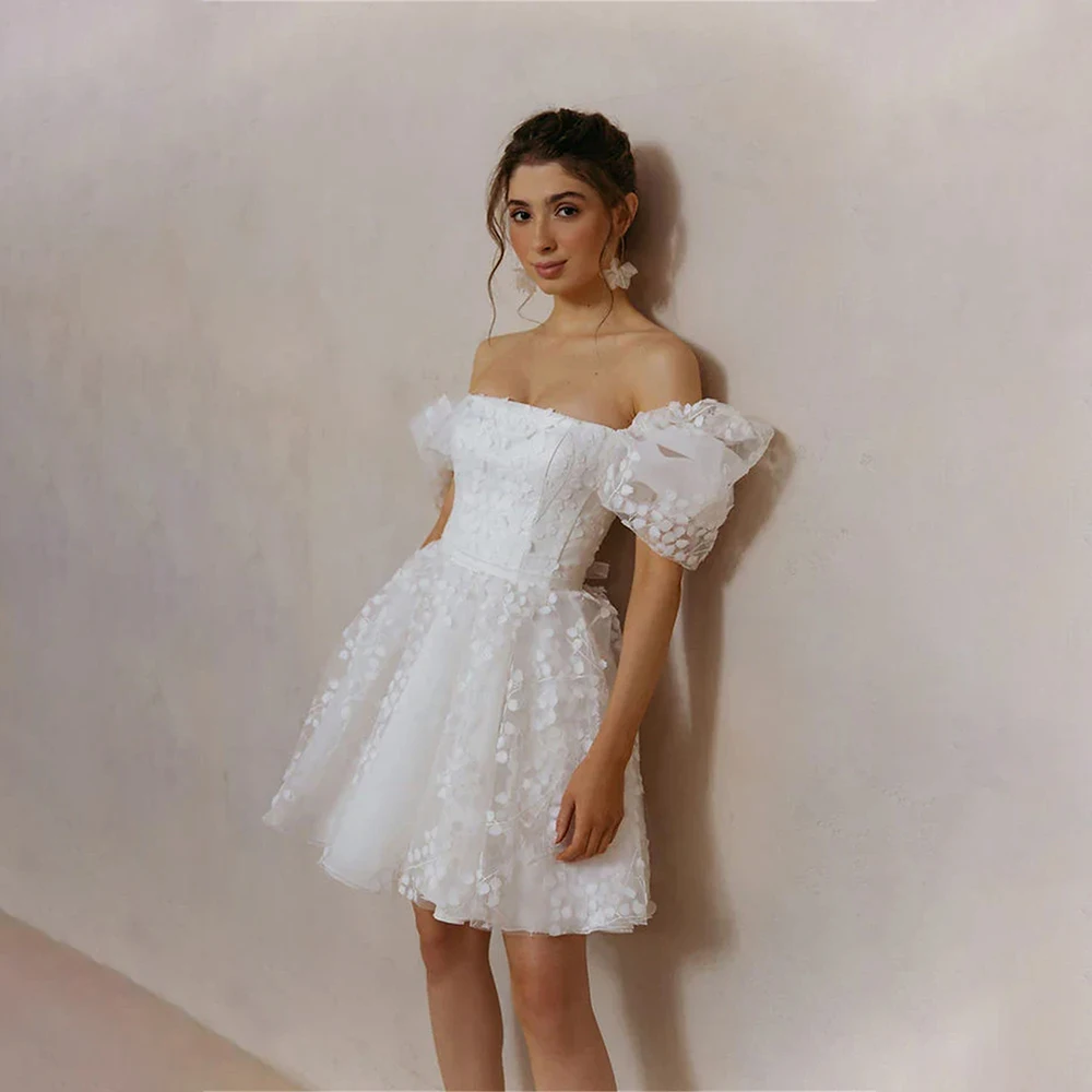 

Charming Short Wedding Dress: Off - the - Shoulder, Strapless, and Intricate Lace Trim
