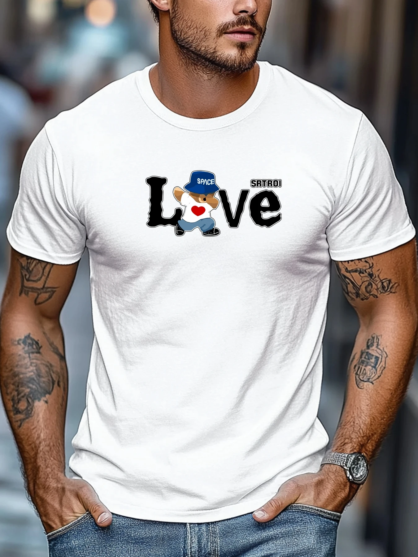 

2025 Мужская футболка Love Cartoon Bear SPACE Hat Ретро Графический принт 100% хлопок Мягкий дышащий модный повседневный повседневный топ для мужчин