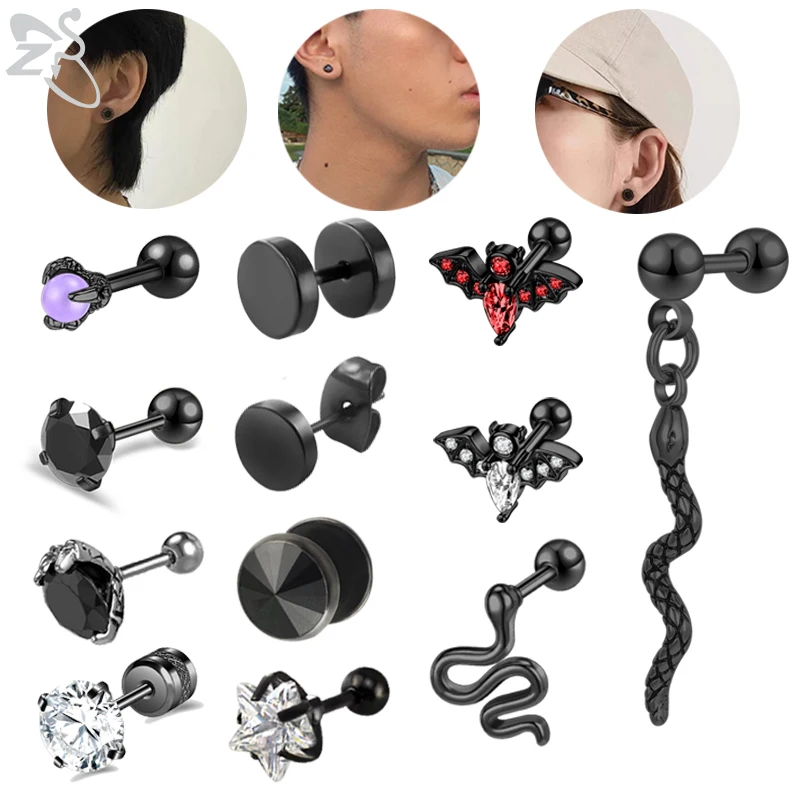 ZS 1/2PC Black Color Surgical Steel Stud Earring For Women Men Punk Snake Bat Ear Conch Tragus Cartilag Helix Piercings 16G /20G