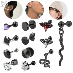 ZS 1/2PC Black Color Surgical Steel Stud Earring For Women Men Punk Snake Bat Ear Conch Tragus Cartilag Helix Piercings 16G /20G