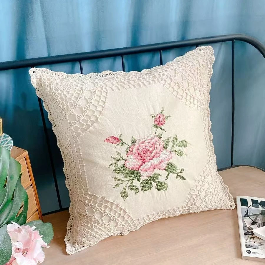 Boho Embroidered Crochet Pillow Covers Decorative Retro Handmade Woven Cotton Pillow Case Beige Square Cushion Cover Home Decor
