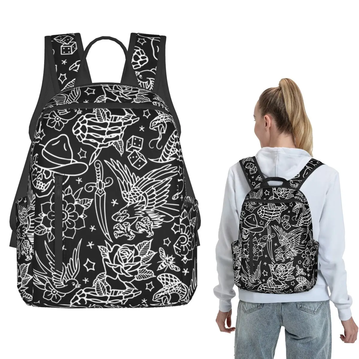 American Traditional Tattoo Flash Print Backpack Large Capacity Boys Girls BookBag School Bag Shoulder Bags for Men Women