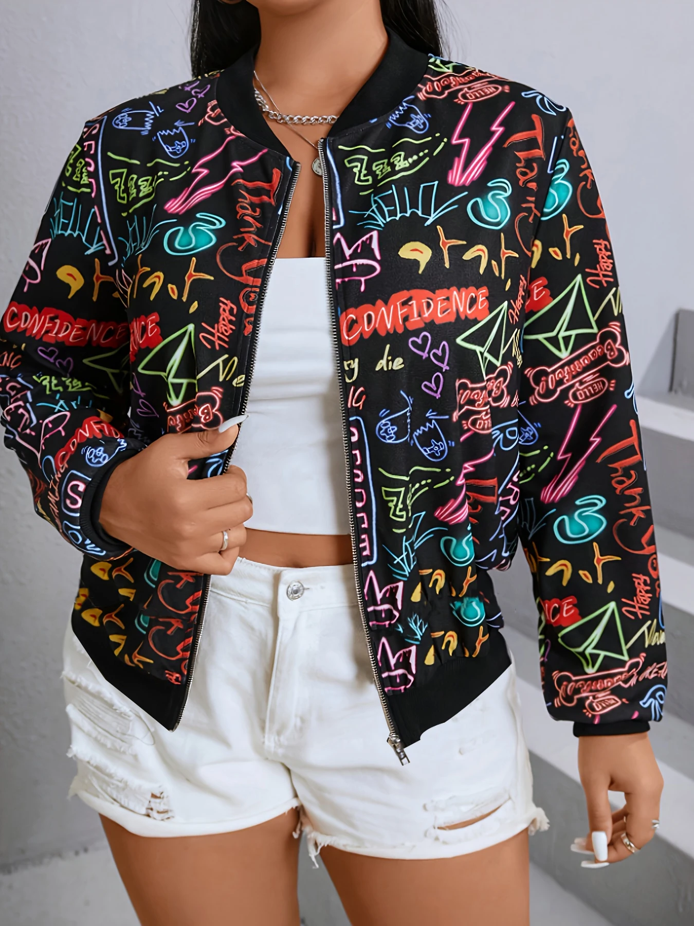 plus size bomber jacket, graffiti print jacket, zip up baseball coat, women streetwear outerwear, colorful printed jacket