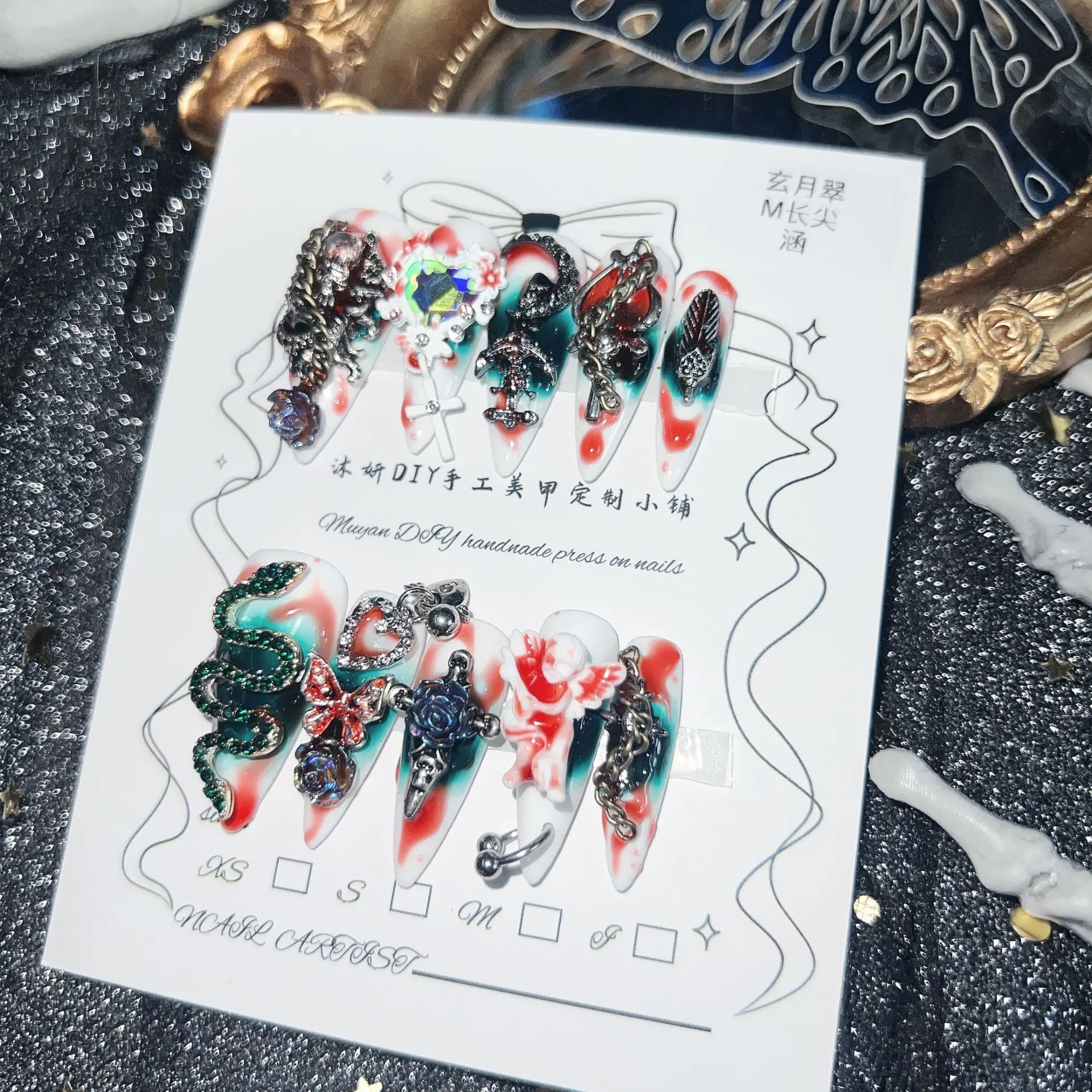 القوطية الشرير الشيطاني اضغط على الأظافر مع الجمجمة المعدنية الأفعى أحجام متعددة الأحمر الأخضر الجمجمة ثعبان الملاك تصميم #2