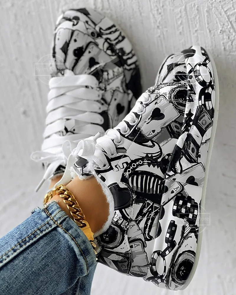 Sneakers Women's Cartoon Graphic Letter Lace-up Chunky Sneakers Platform Graffiti Shoes Classic Streetwear Trainers Zapatos