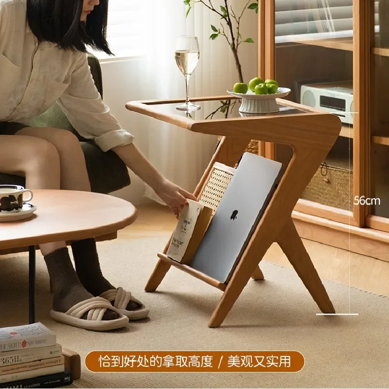 Nordic solid wood edge, sofa removable cherry wood, Japanese furniture rattan, glass small table rack