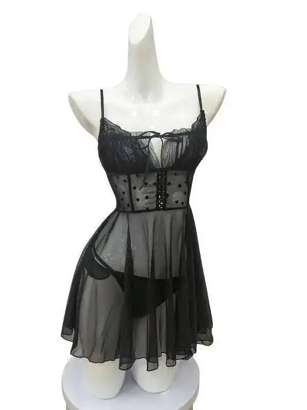 エレガントな薄手のセクシーな透明ドレス女性のための軽量メッシュストラップバックレスディープ V ノースリーブハートプリントドレス魅力的な D69W