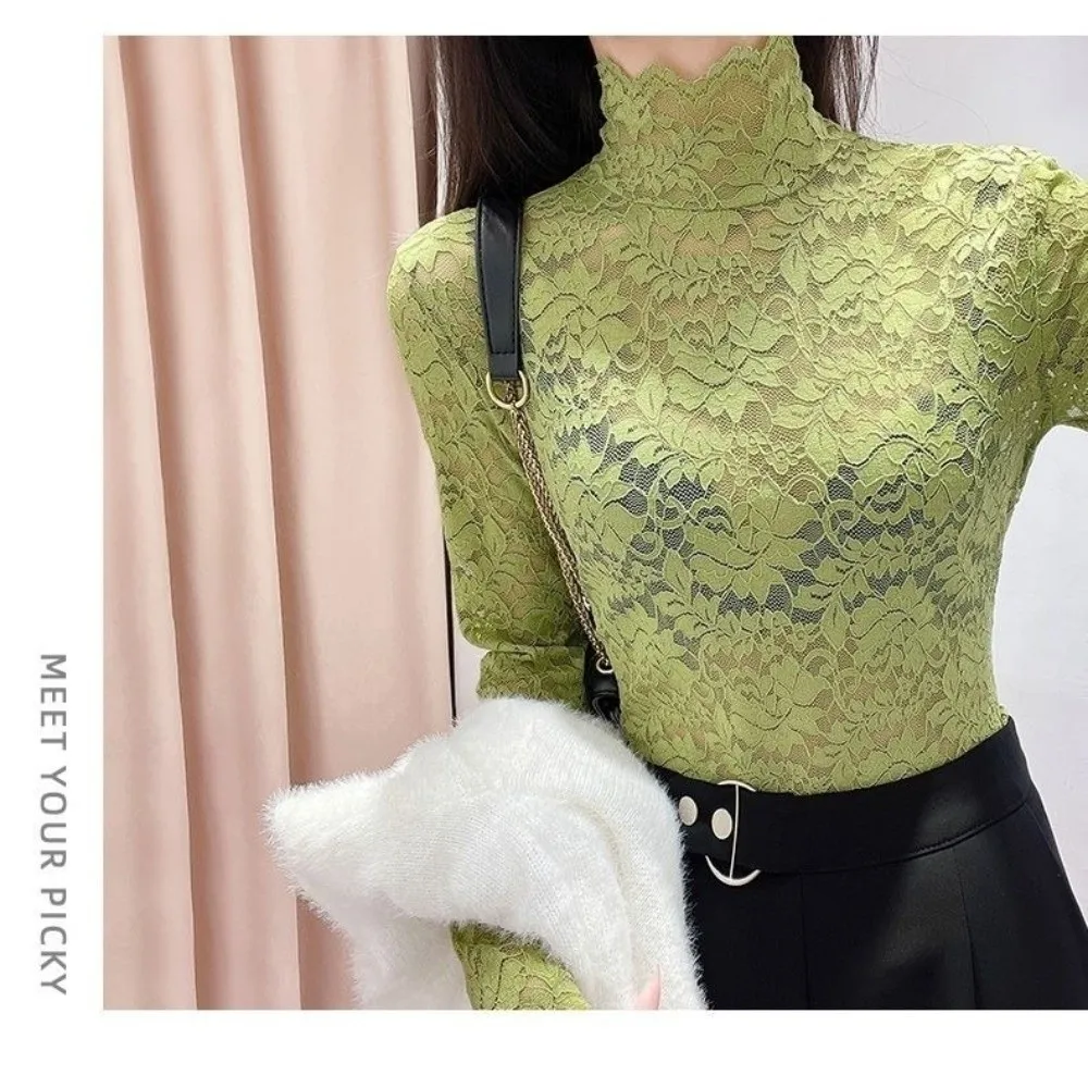 Autumn Winter Mock Neck Lace Top Floral Lace Slim Fit Base Shirt Hollow Out Long Sleeve Lace Tee Office Wear