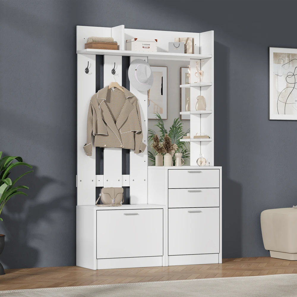 Image of Weißer Multifunktionaler Garderobenständer für den Flur 110×34×185cm, Freistehender Eingangsbereich-Organizer mit Spiegel, 2 Schubladen, 2 Klappbaren Schuhschränken, 3 Haken und 3-stufigen