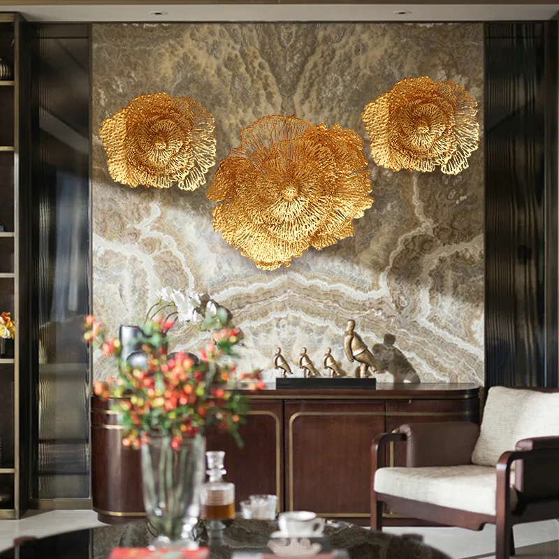 New Chinese wall decoration peony flower three-dimensional wrought iron wall decoration wall pendant creative living room