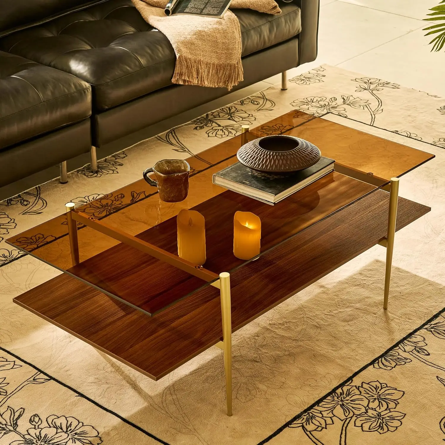 

Большой стеклянный журнальный столик в стиле Mid-Century Modern для гостиной, с золотистыми ножками, кофейно-коричневый, на заказ