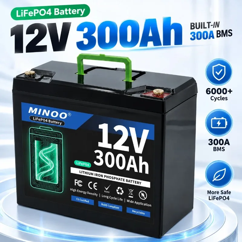 12V 300Ah LiFePO4 Solar Battery Deep Cycle Rechargeable Built-in BMS Lithium 300000mAh for Power Wheels Scooters Fish Finder