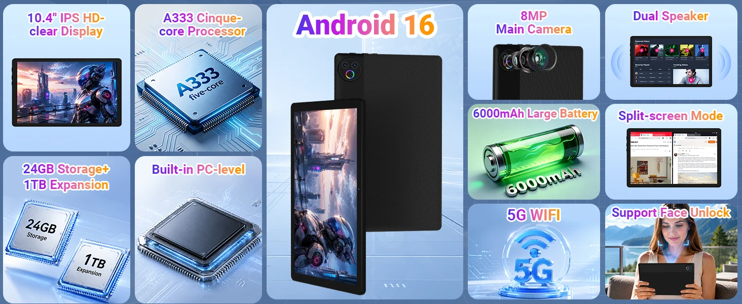 KB1001L 10.1 Inch Android 16 Tablet, Max 24GB(3GB+21GB) RAM 64GB ROM, A333 5-Core CPU, HD IPS Touch Screen 800*1280, 6000mAh Battery, 5MP+8MP Dual Camera, WiFi 6, Widevine L1, Face Unlock, Type-C, 1TB Expandable Storage,France Local Warehouse Fast Delive