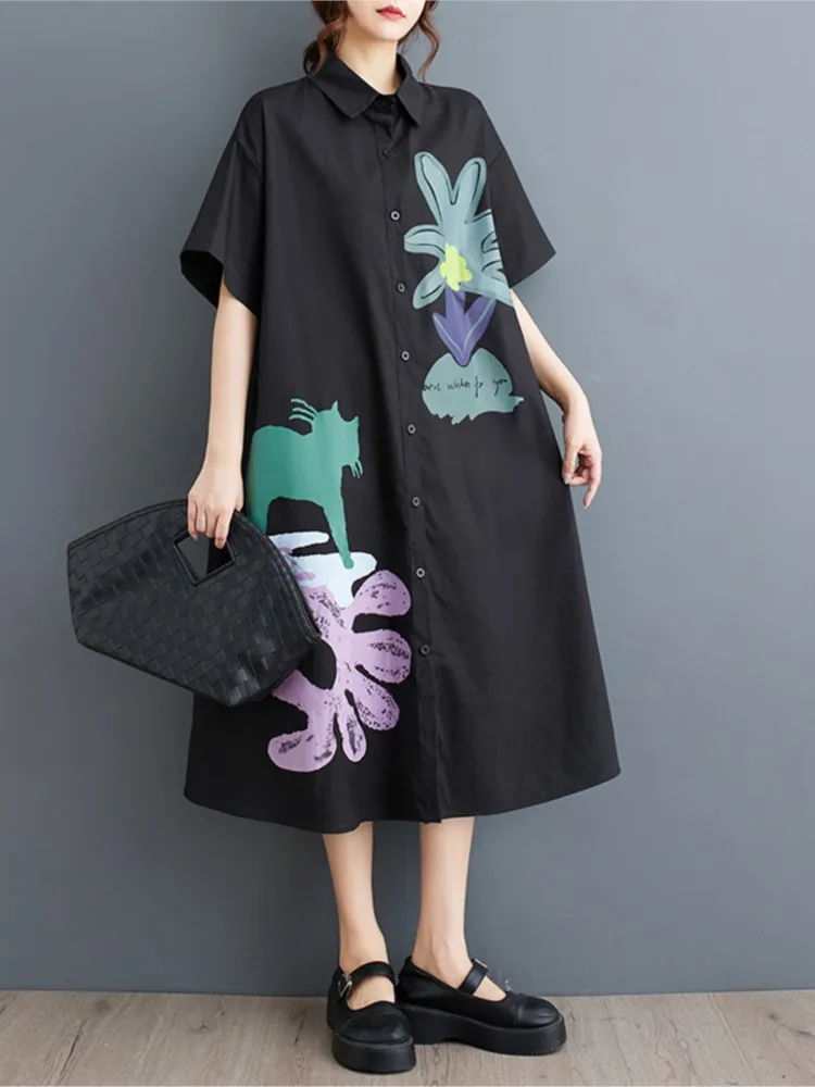 Oversized verão camisa vestido feminino impressão moda casual solto senhoras vestidos de manga curta mulher camisas longas vestido